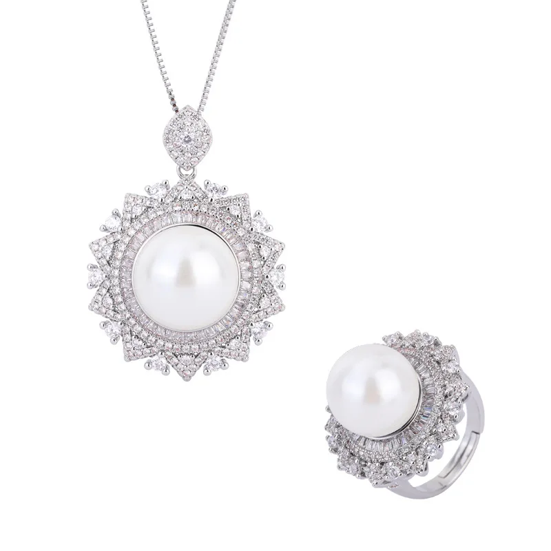 Jewelry with White Shell Pearls Korean Style Fashion Handmade Inlaid Diamond Round Luxurious Set 16mm 124mm