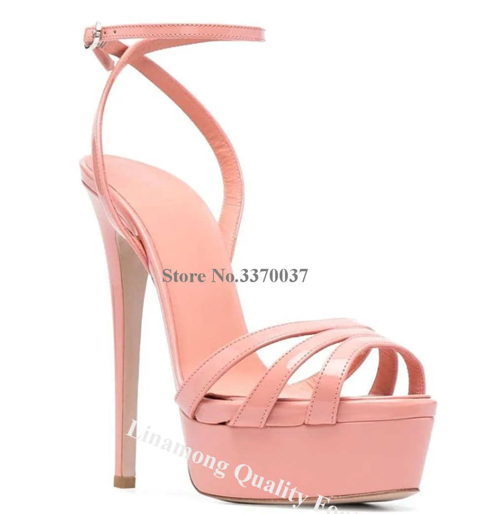 Linunter sexy Träger kreuzen hohe Plattform Stiletto Absatz Sandalen Peep Toe grün gelb rosa Lack leder dünne Absatz Kleid Schuhe