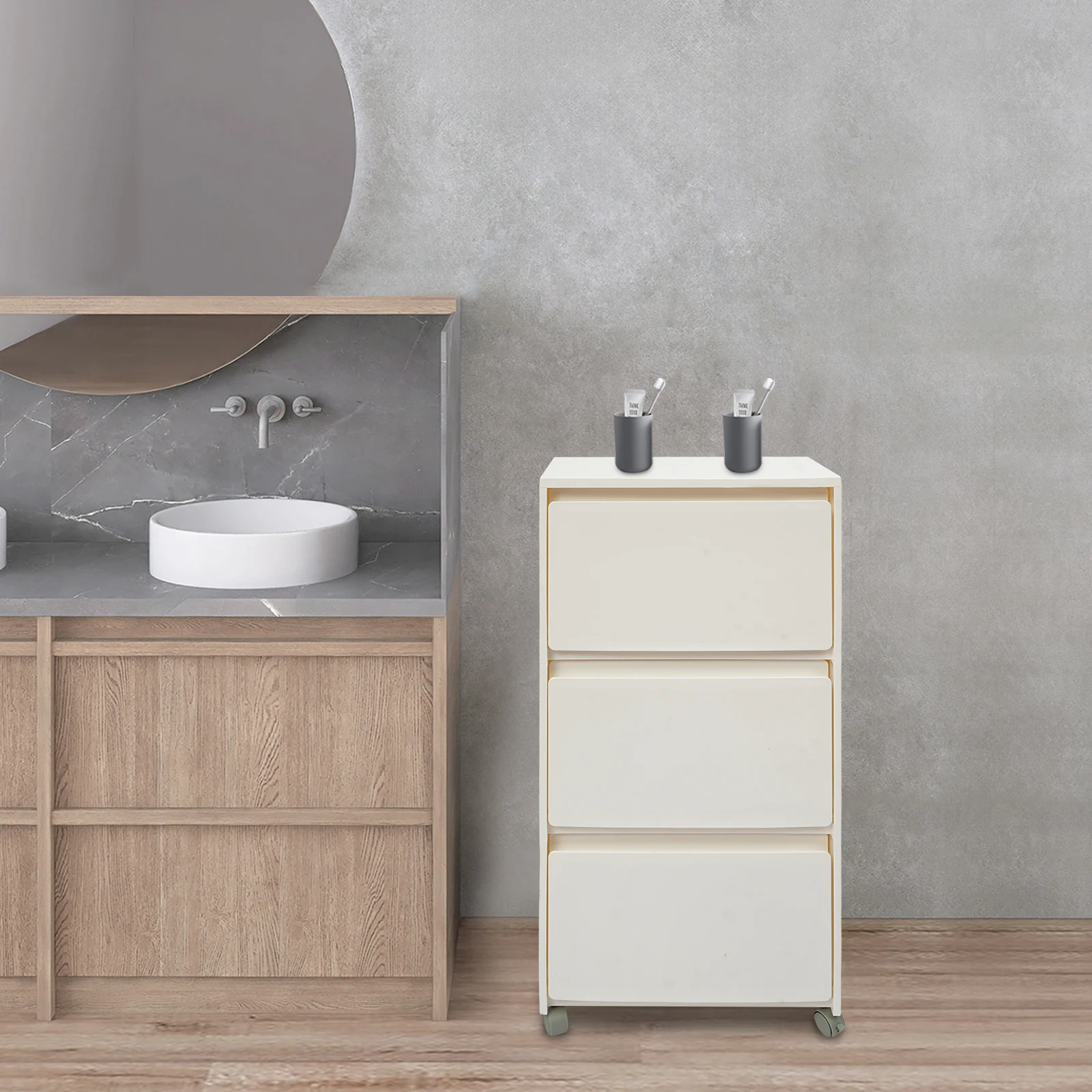 3 Tier Storage Cabinet with Wheels Compact Footprint Rolling Storage Unit PP Material Damp Proof Impact Resistant with Brakes for Bedroom Bathroom Hallway Office