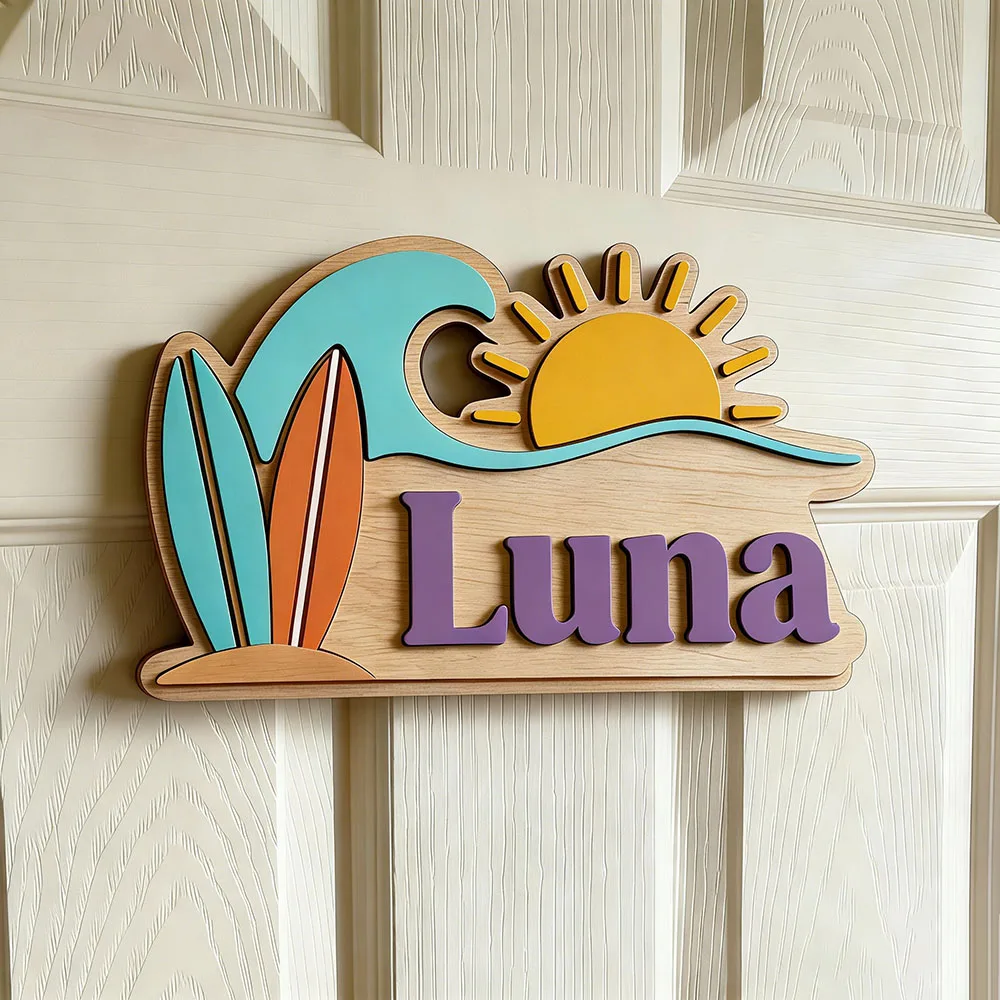 Custom Beach Wave Surfboard Sun Name Door Sign for Kids Bedroom Personalized Tropical Ocean Themed Wooden Nursery Plaque