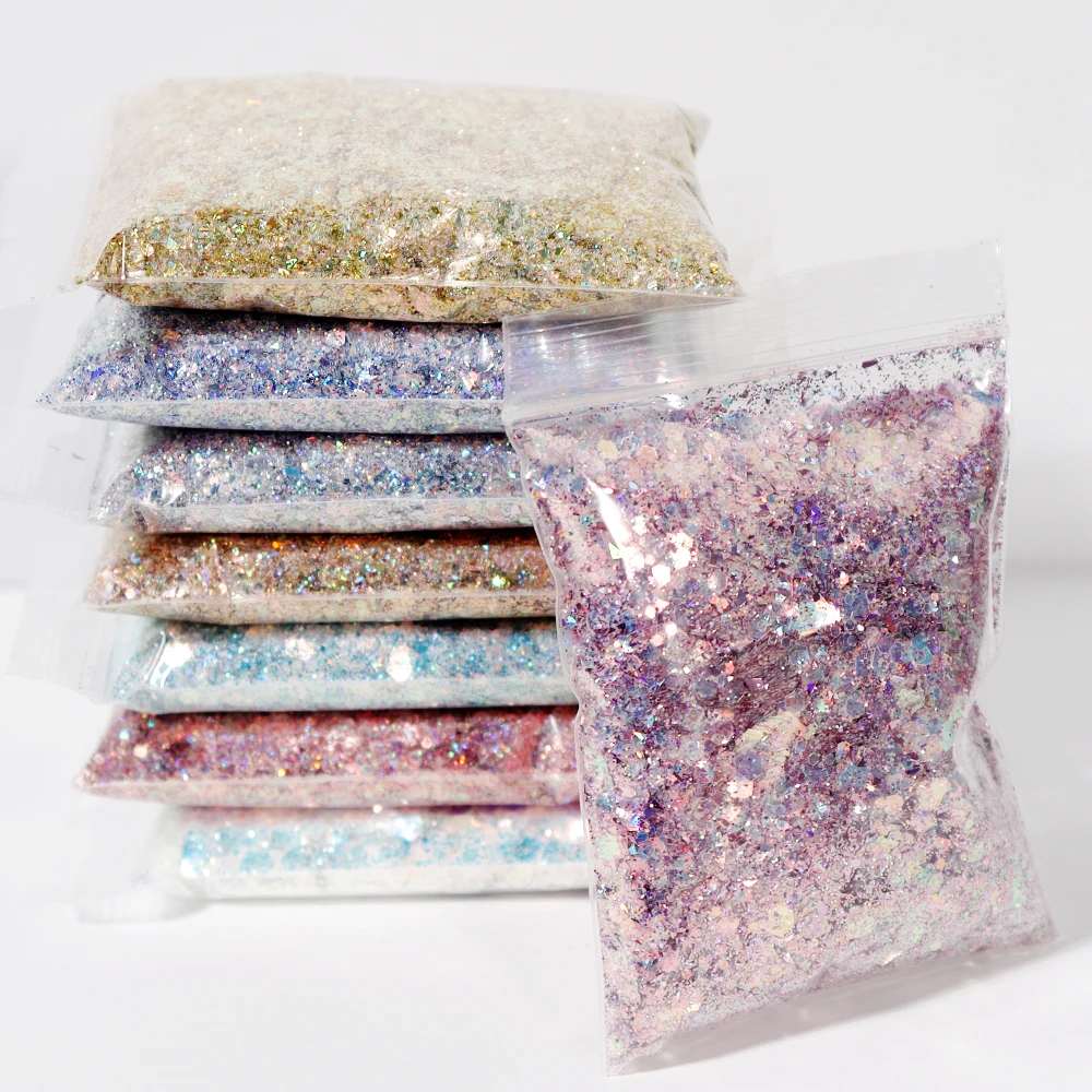 50g/bag Holographic Mixed Hexagon Shape Nail Glitter 3D Flakies Sequins Laser Powder Paillette DIY Nail Art Decorations Dust