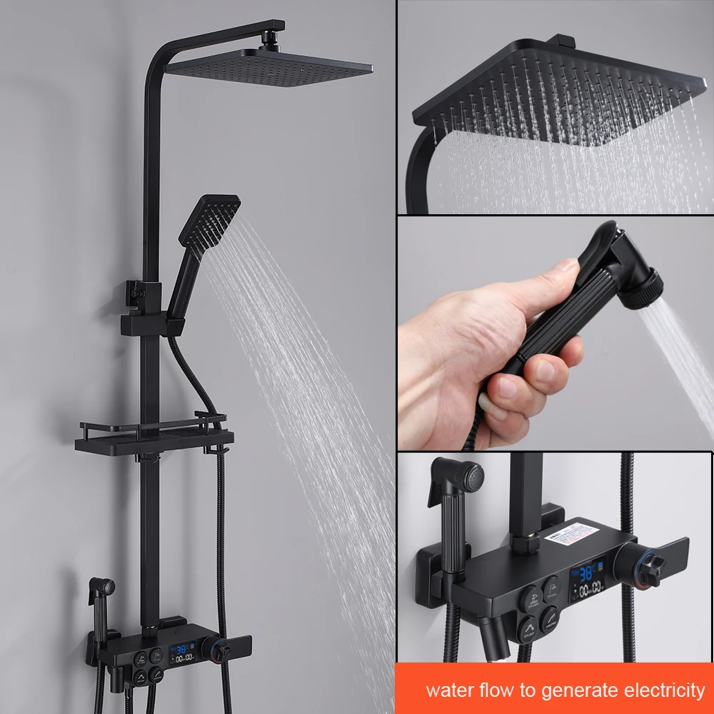 Black Display Thermostatic Shower Faucet Set Rainfall Bathtub Tap With Bathroom Shelf Water Flow Produces Electricity