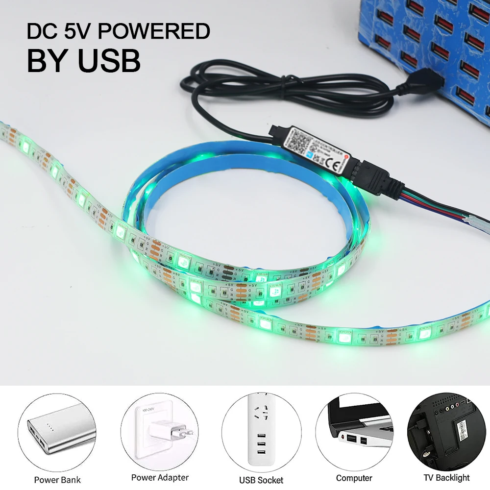 TV용 USB LED 스트립 라이트, 블루투스 리모컨, RGB LED 라이트, 유연한 리본, 5050 RGB LED 테이프, 자체 접착 TV 백라이트