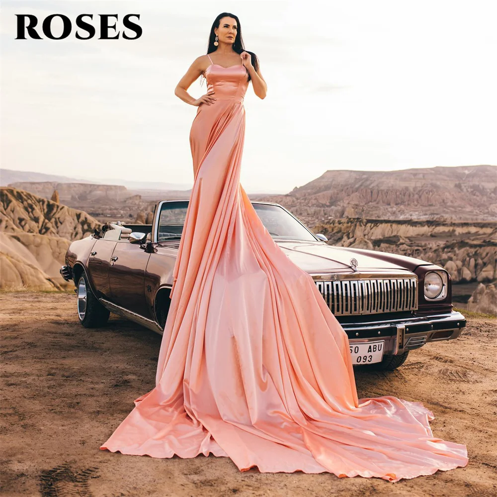 

ROSES Spaghetti Strap Special Occasion Dress Soft Stain Formal Gown Pink Long Evening Dress with Long Train vestidos de fiesta