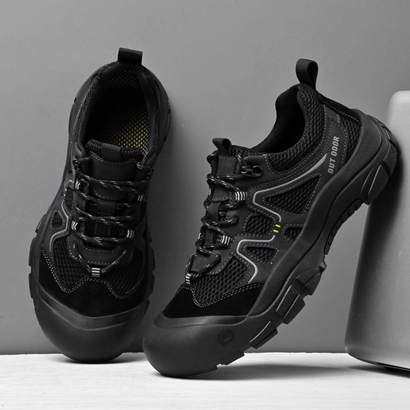 Big Size Men Outdoor Hiking Shoes Breathable Mesh Upper Lace Up Anti-collision Toe Non-slip Thick Sole Trekking Walking Sneakers