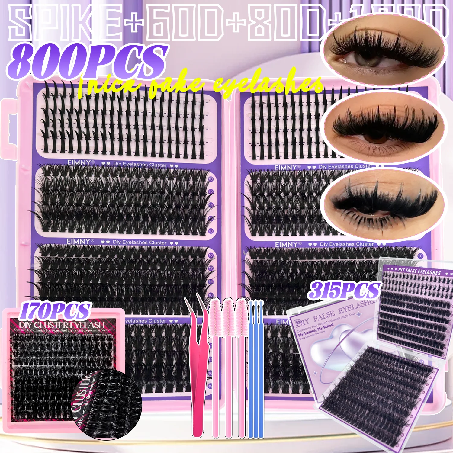Kit de Extensão de Cílios com 170/315/800 Peças, Cílios Individuais em Cluster de Comprimento Variado, Ideal para Iniciantes, Crie um Look Natural e Volumoso sem Esforço