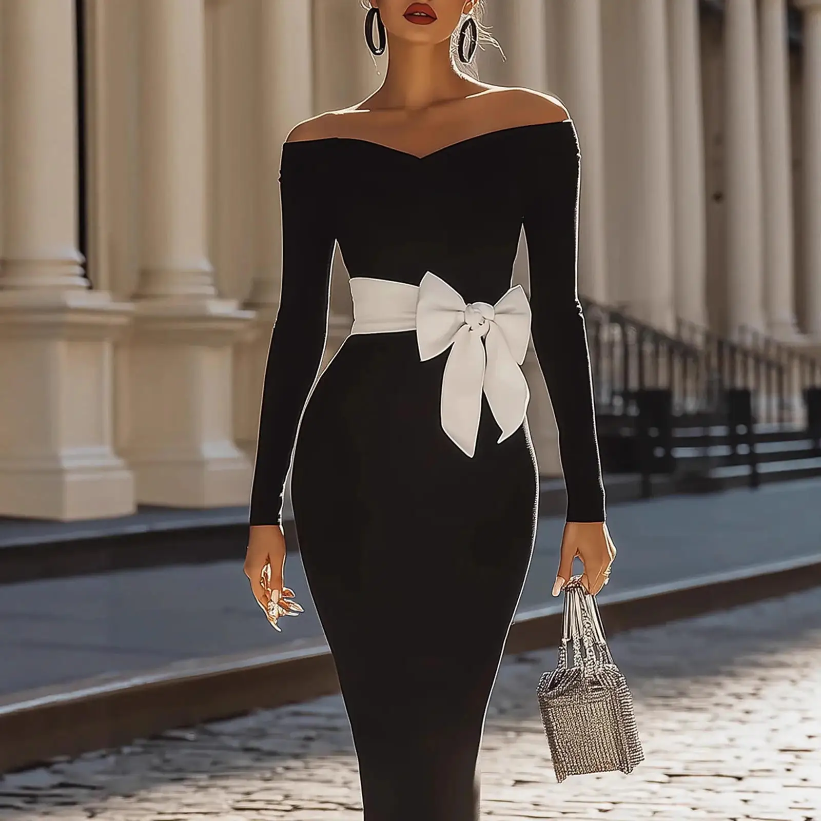 Nuovo 2025 Vita alta lunga Sve Colore puro Papillon Dr Gonna lunga aderente Colletto asimmetrico Poliestere Donna Dr