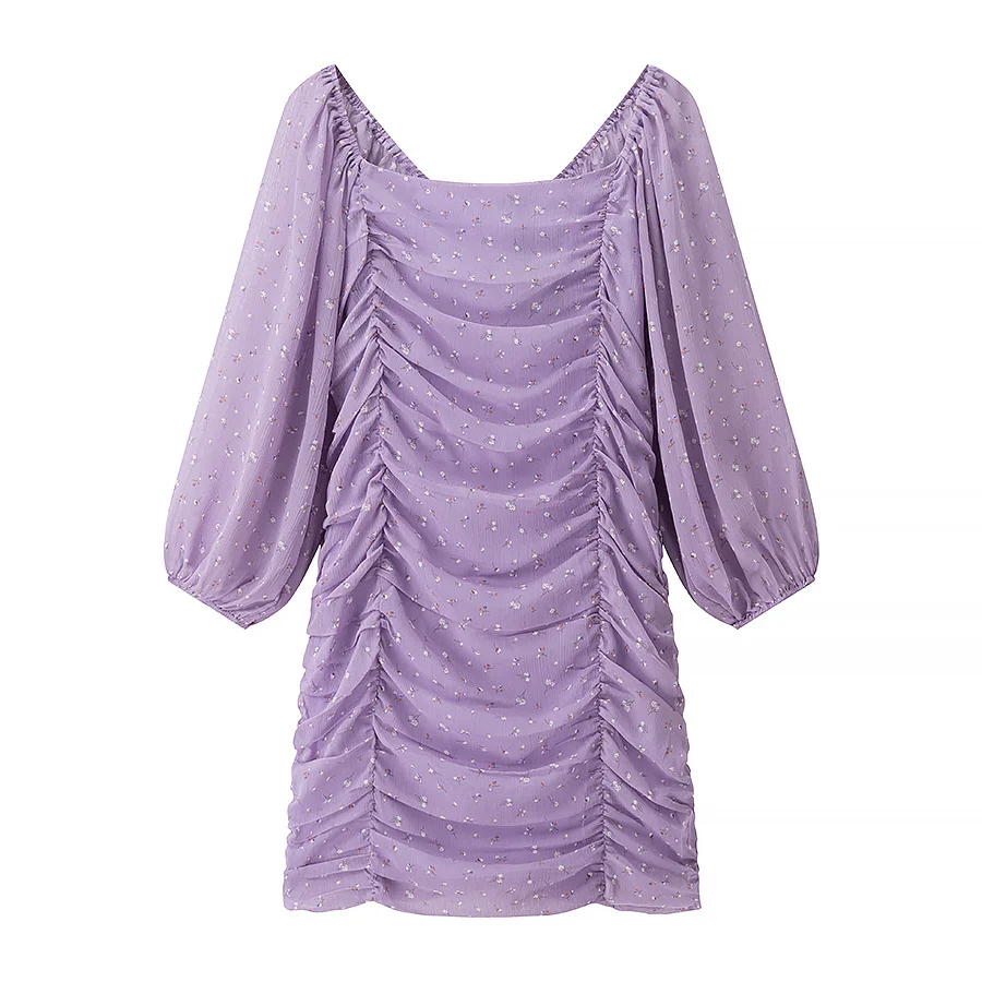 Kolekcja Jesień 2025 Nowości Damska Sukienka w Stylu Country z Kwadratowym Dekoltem, Długa, Dopasowana, Plisowana, z Nadrukiem, Obcisła, Codzienna, Krój X-Cut