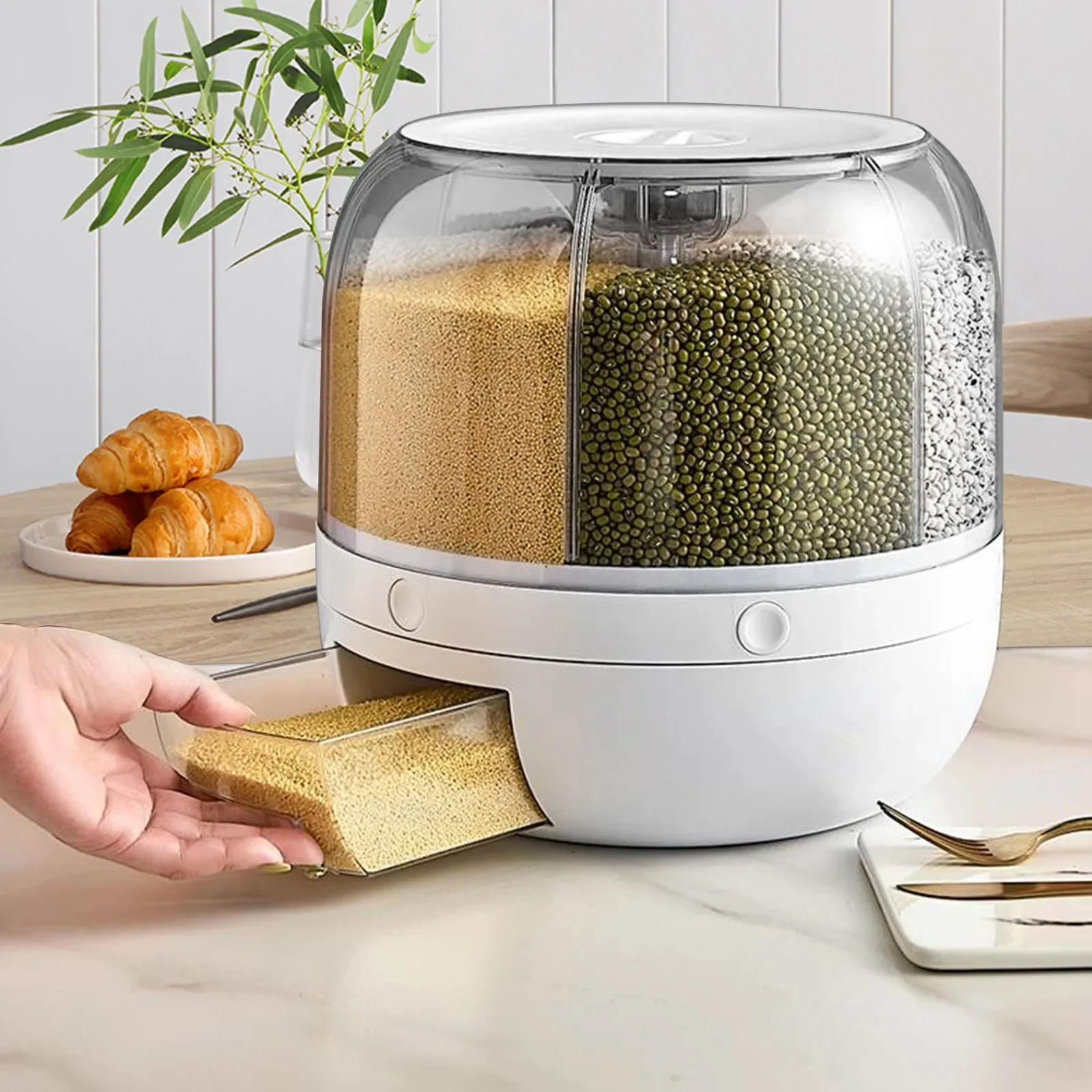

Bymaocar 6-compartment Grain Storage Container Storage Can, 360° Rotatable Food Dispenser for Storing Coarse Cereals & Dry Goods