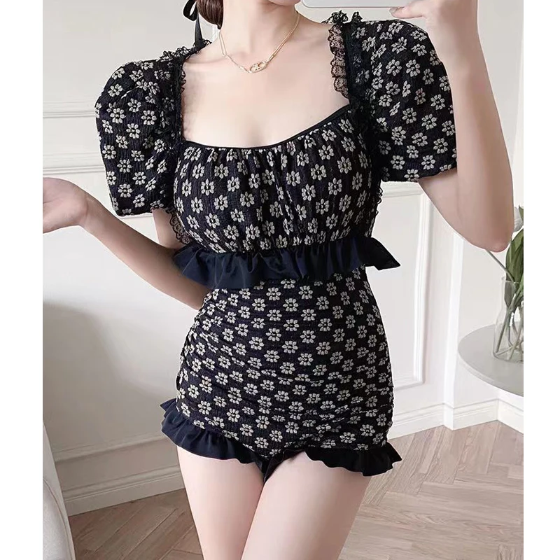 Sexy One Piece Swimsuit Women Summer Ruffled Lace Swimwear Vintage Floral Print Monokini Female Short Sleeve Beach Bathing Suit