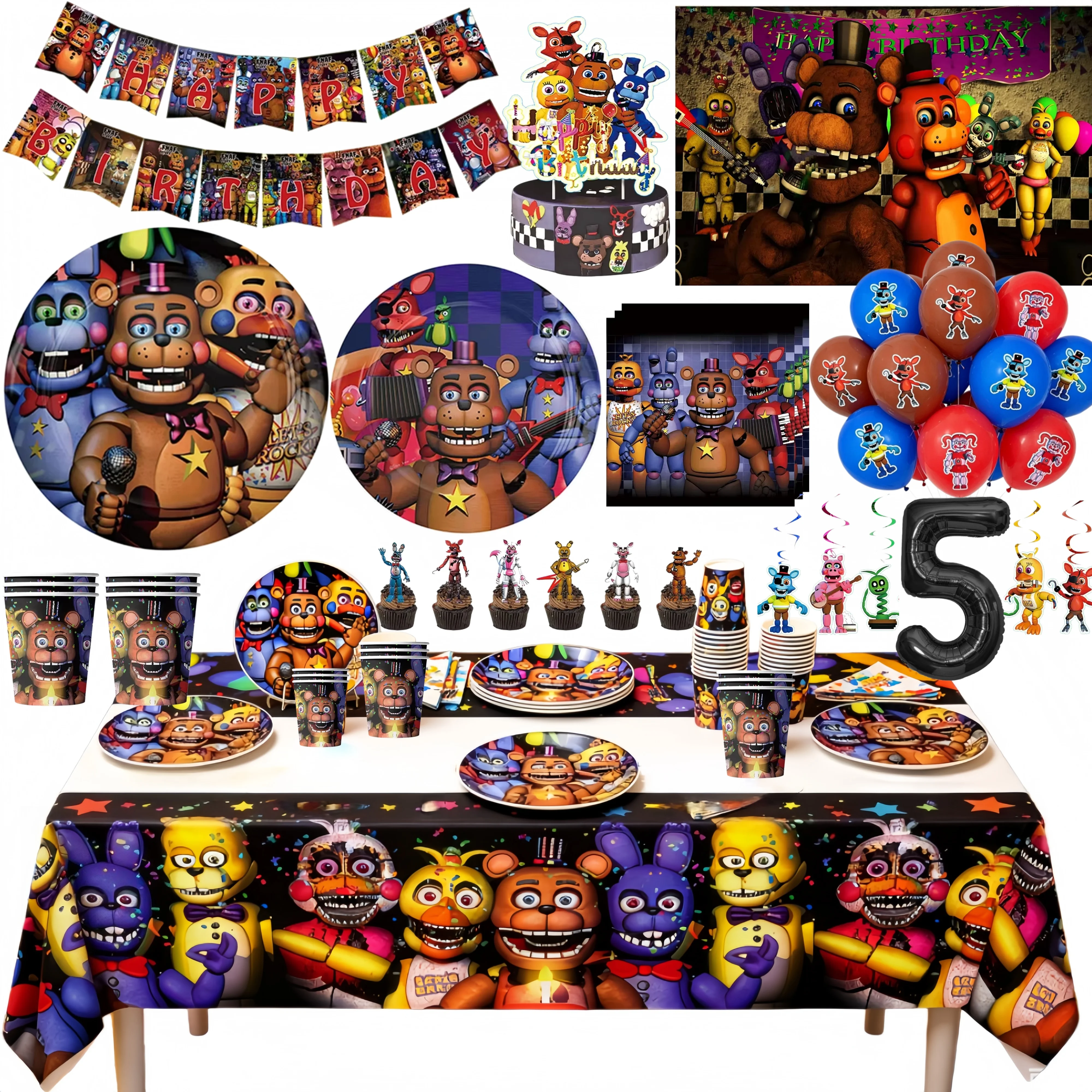 Decoración para Fiesta de Cumpleaños de Five Nights At Freddy's, Vajilla, Platos, Vasos, Globos con Número para Niños, Artículos para Fiestas, Regalos