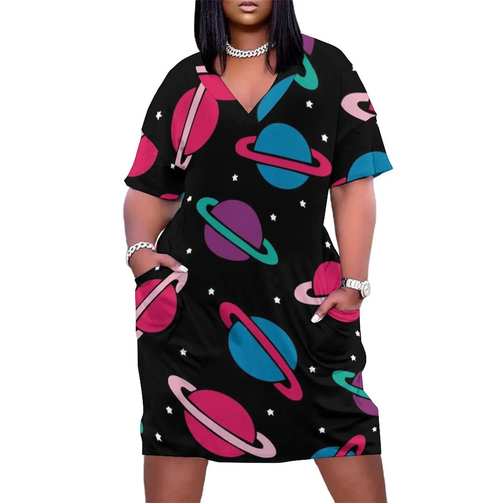 

Neon Space Planets Pattern Loose Pocket Dress african dresses for woman womens dress dresses summer