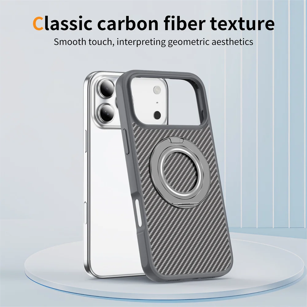 Деловая текстура из углеродного волокна для зарядного чехла Magsafe для iPhone 17 Air 16E 15 14 Plus 13 Pro Max 360 ° Защитная крышка вращающегося кронштейна