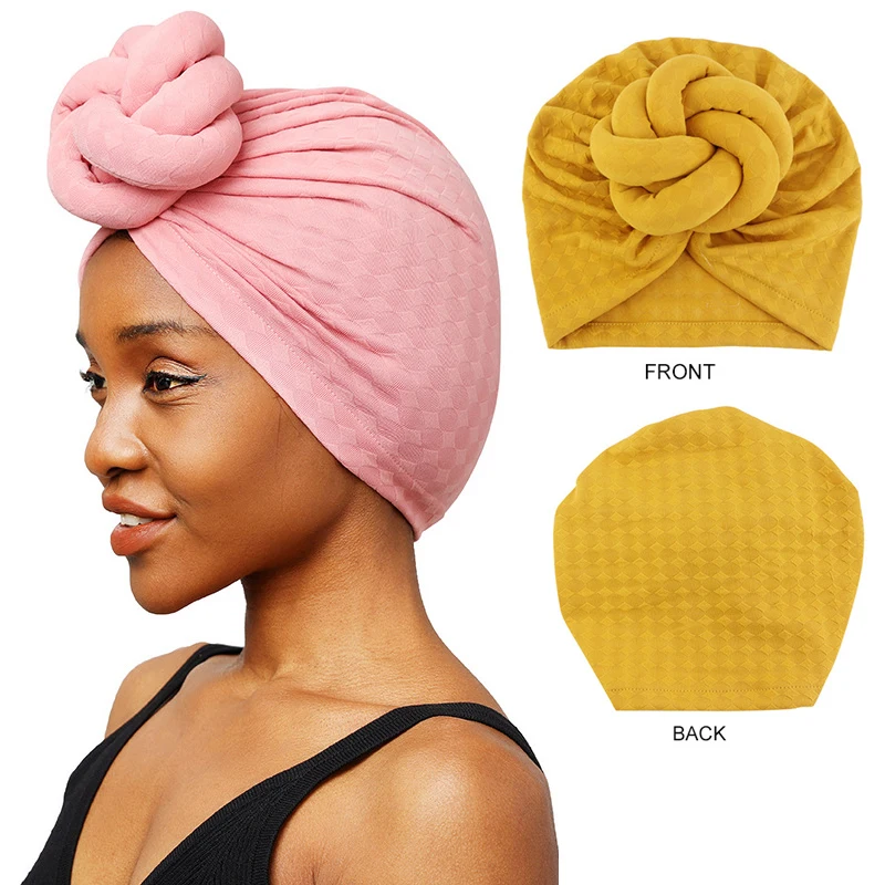 New Women Muslim Hijabs Hat Solid Color Knotted Turban HeadScarf Beanie Hats Headscarf Hat Chemo Hat Hair Accessories