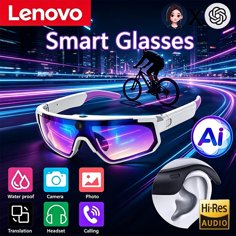 Lenovo AI Smart Glasses 2400W Anti‑shake ChatGPT Camera Photo 1080P Video DualMic 32GB Cycling Sport Sunglasses Windproof Goggle