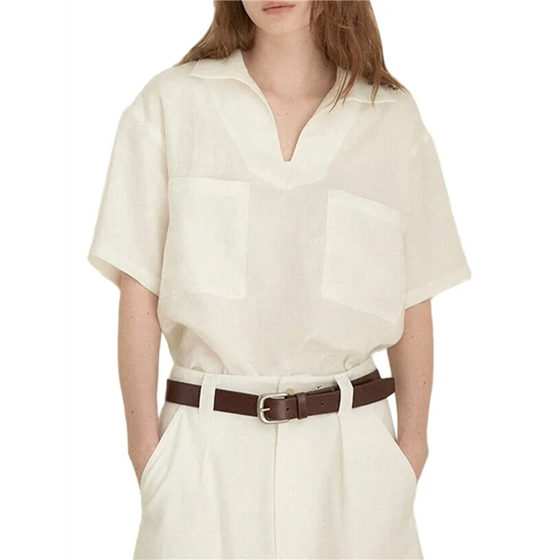 ASDS-Damskie koszule z dekoltem w szpic, krótki rękaw, codzienne topy, jednolita bluzka z kołnierzykiem, koszula z podwójnymi kieszeniami