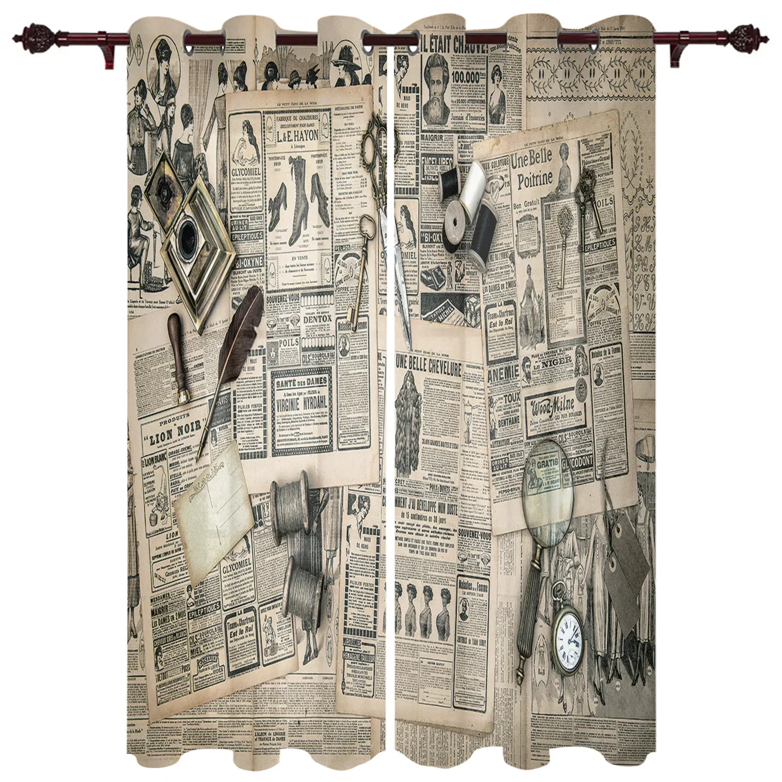 European Retro Old Newspaper Curtains for Bedroom Living Room Drapes Kitchen Children's Room Window Curtain Modern Home Decor