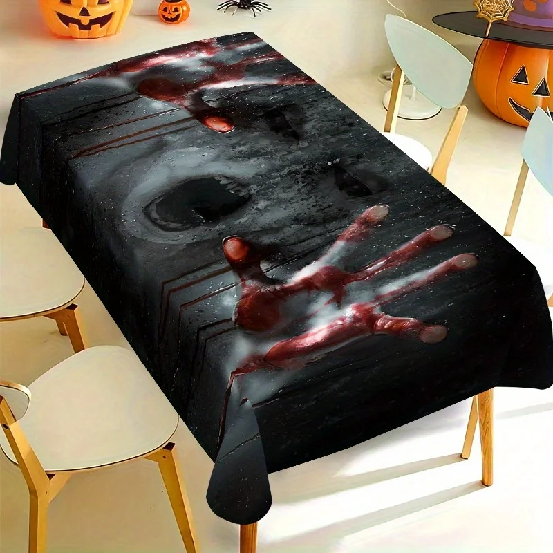 A Halloween tablecloth featuring terrifying ghost patterns and red blood handprints.zyc