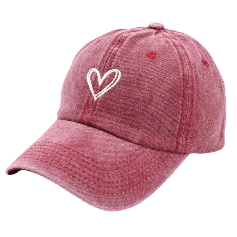 Versatile Peach Heart Embroidery Washed Old Spring And Summer Baseball Hat Women\'s Thin Couple Soft Top Cap Men\'s Tide