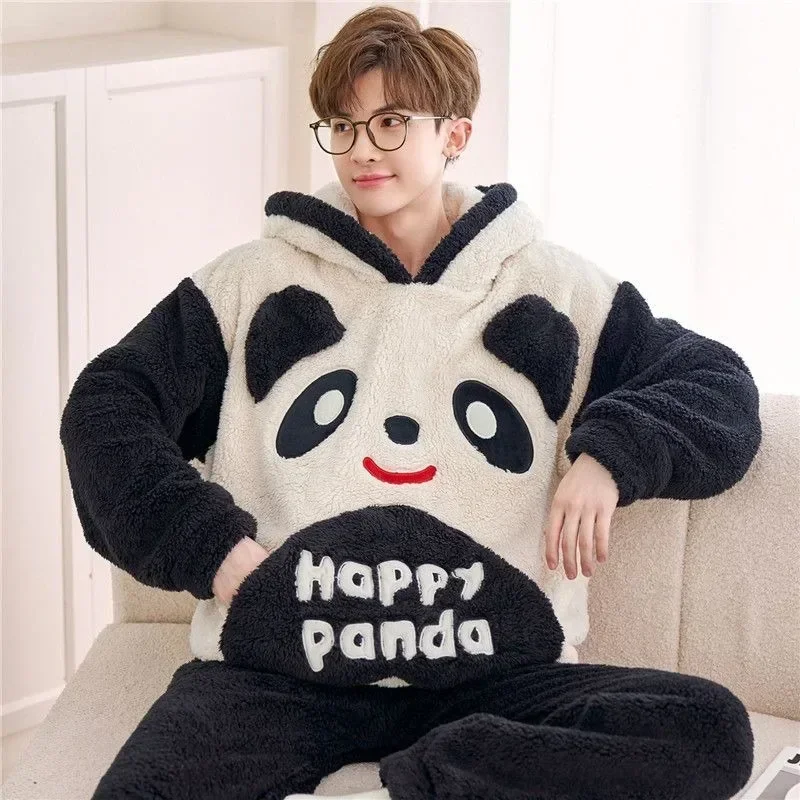 New Nightgown Men Winter Pajamas Coral Velvet Youth Loungewear Thick Insulation Big Size Plush Sleepwear Hood Male Homewear Suit