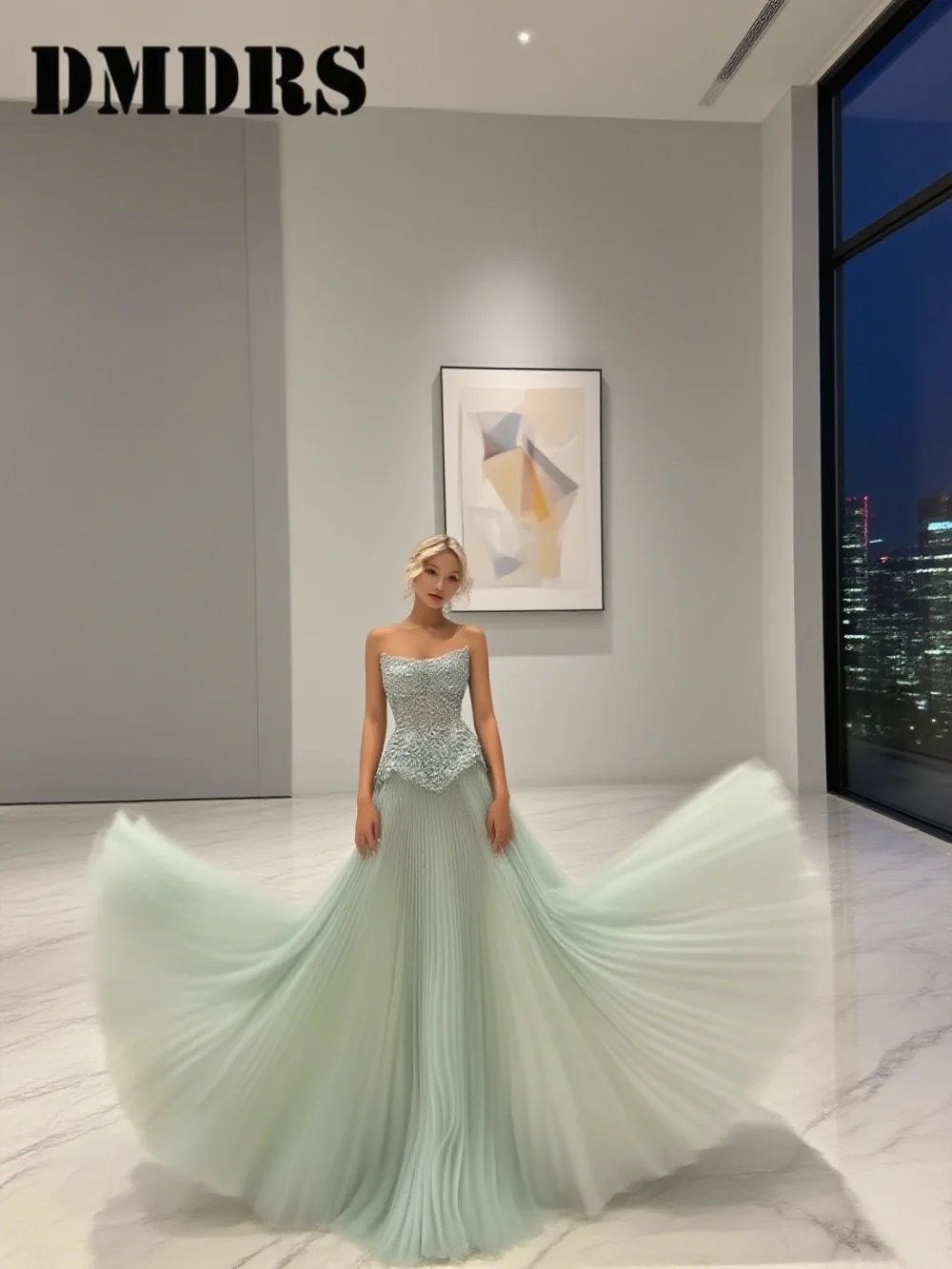 

Stylish Strapless Evening Dress Luxurious A-Line Beaded Party Gown Romantic Crystal Sleeveless Floor-Length Party Dress فسات