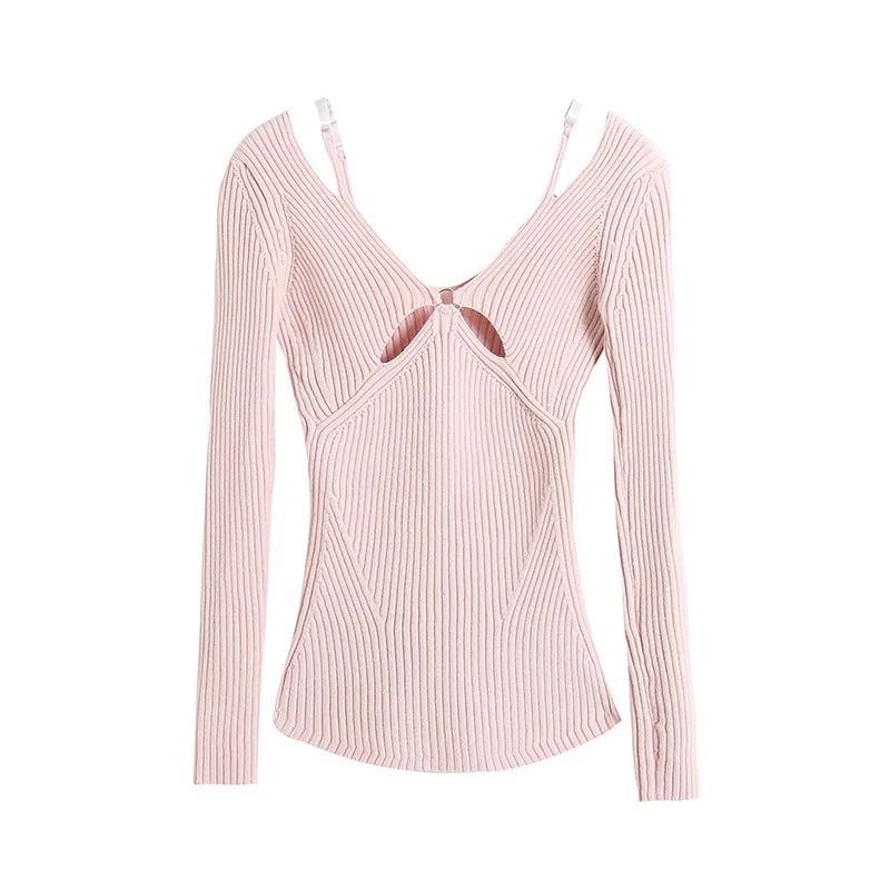 Kpop Korean 2023 New Spring Summer Sexy Sling Sweater Woman V-Neck Pullover Hollow Knitted Tops Female Casual Fake Two Sweaters