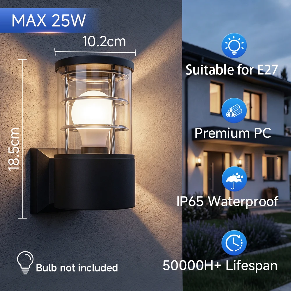 E27 Outdoor Wall Light IP65 Waterproof Up Down Wall Sconce AC85 265V Matte Black Cylinder Lamp For Porch Garden Bulb Not Include