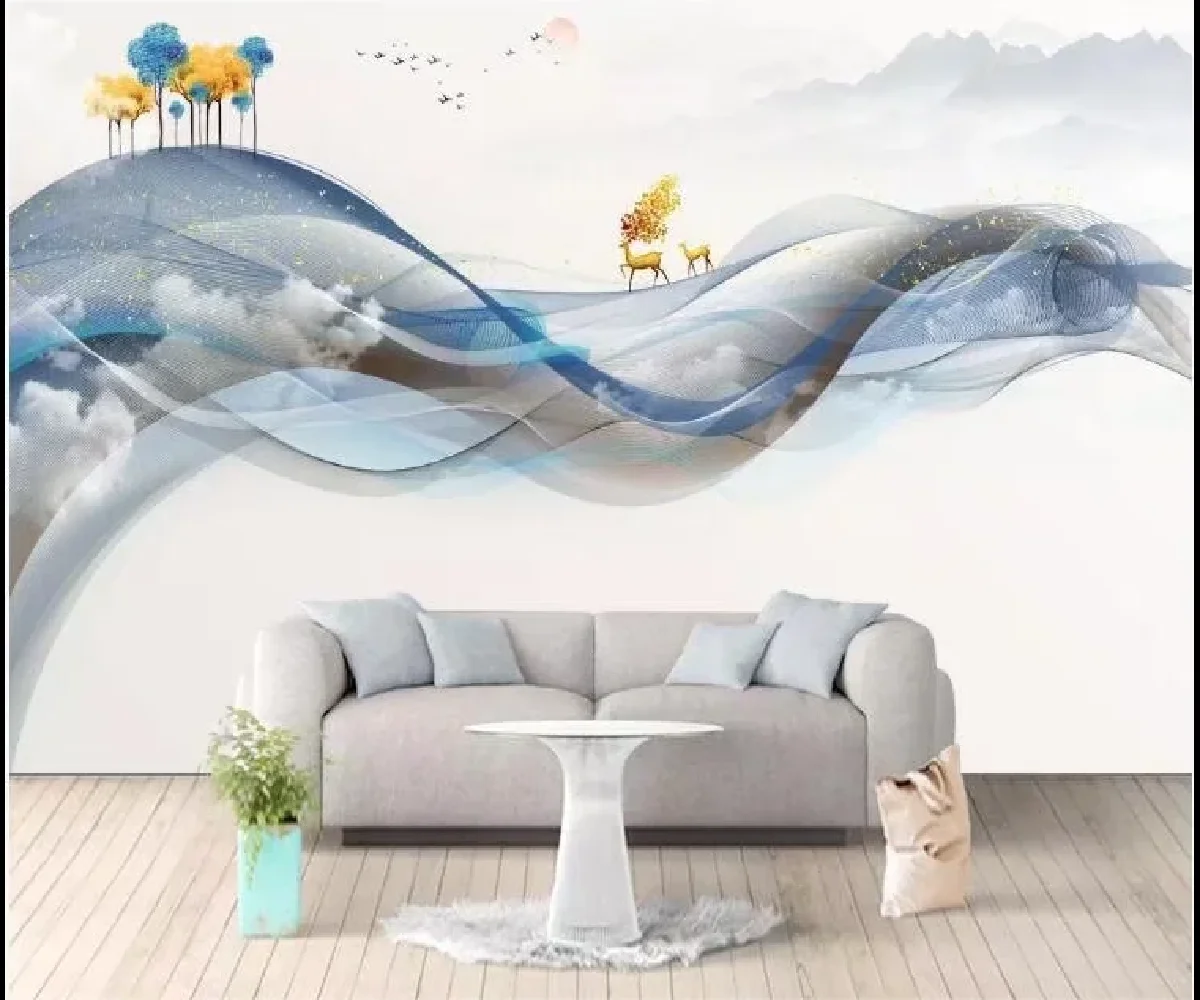 Customized Size Wallpaper, Chinese Artistic Conception, Ink Landscape Mural, Retro Big Tree Mountain Decoration Painting Mural