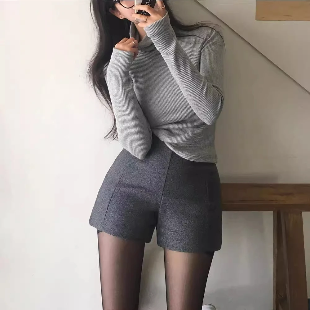 ay Woolen  orts Women's Winter Slim Fit High Waist Boot Cut Tee-quarter Length Pants Korean Sle Bodycon Trousers