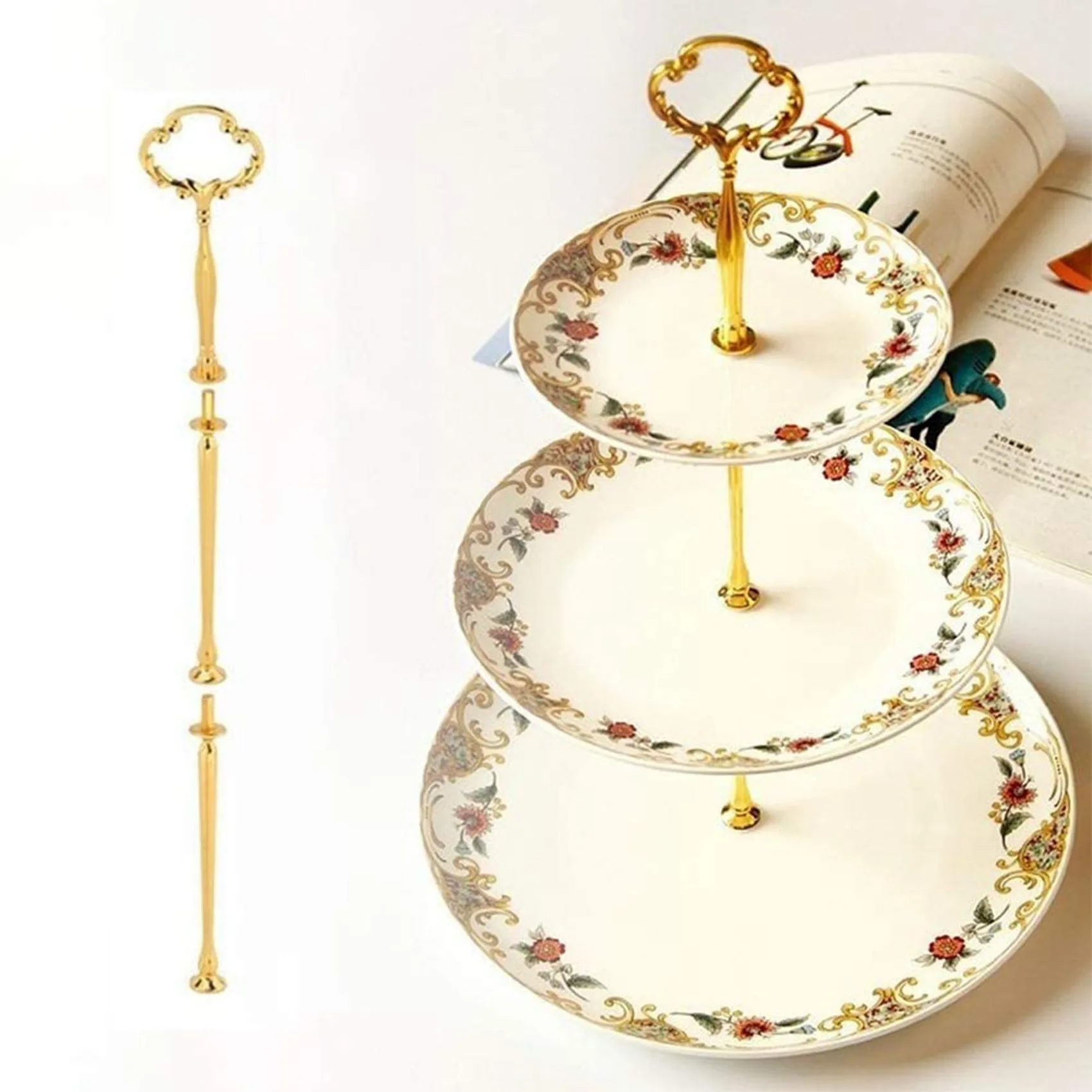 8 Set Of 3 Tier Cake Plate Stand Handle Hardware, 2 Styles Tiered Fruit Cake Plate Handle Cake Tray Stand, Gold-AT64