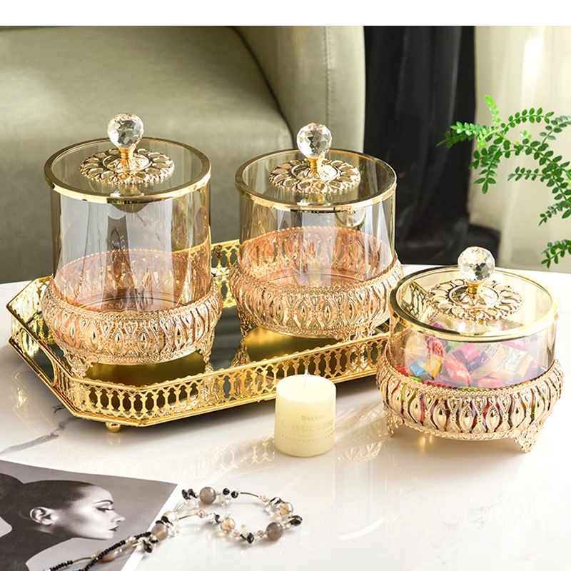 Glass Storage Jar Metal Relief Pattern Household Snacks Candy Modern Living Room Cotton Swab Toothpick