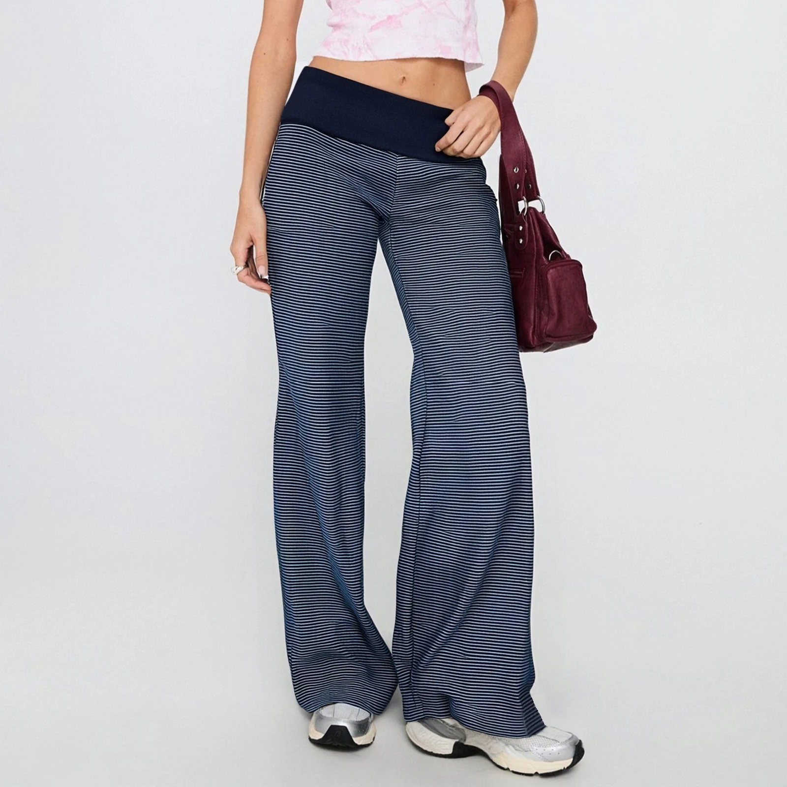 New Fashion Womens Stripe Print Casual Pants Elastic Waist Loose Straight Leg Trousers Streetwear Hot Sale S M L