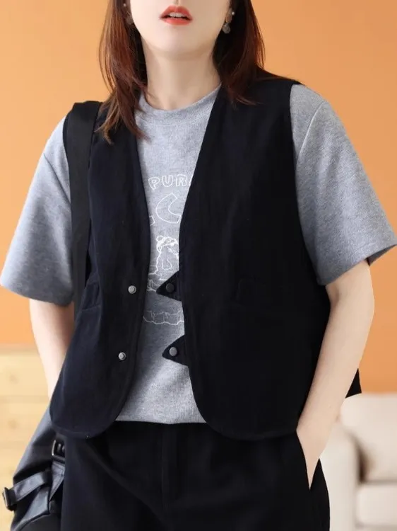 

Retro Cotton Linen V-Ne Open Cardigan Women's Casual Outerwear Vest Spring Autumn plus Size Commute Sle Single Button