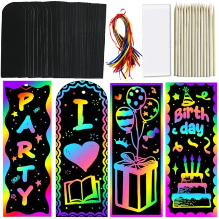 Scratch Paper Art Bookmarks:36 Set Magic Rainbow DIY Art Craft Paper Bookmark Gift Tag Party Favor Goodie Bags Stuffers Pack Ac