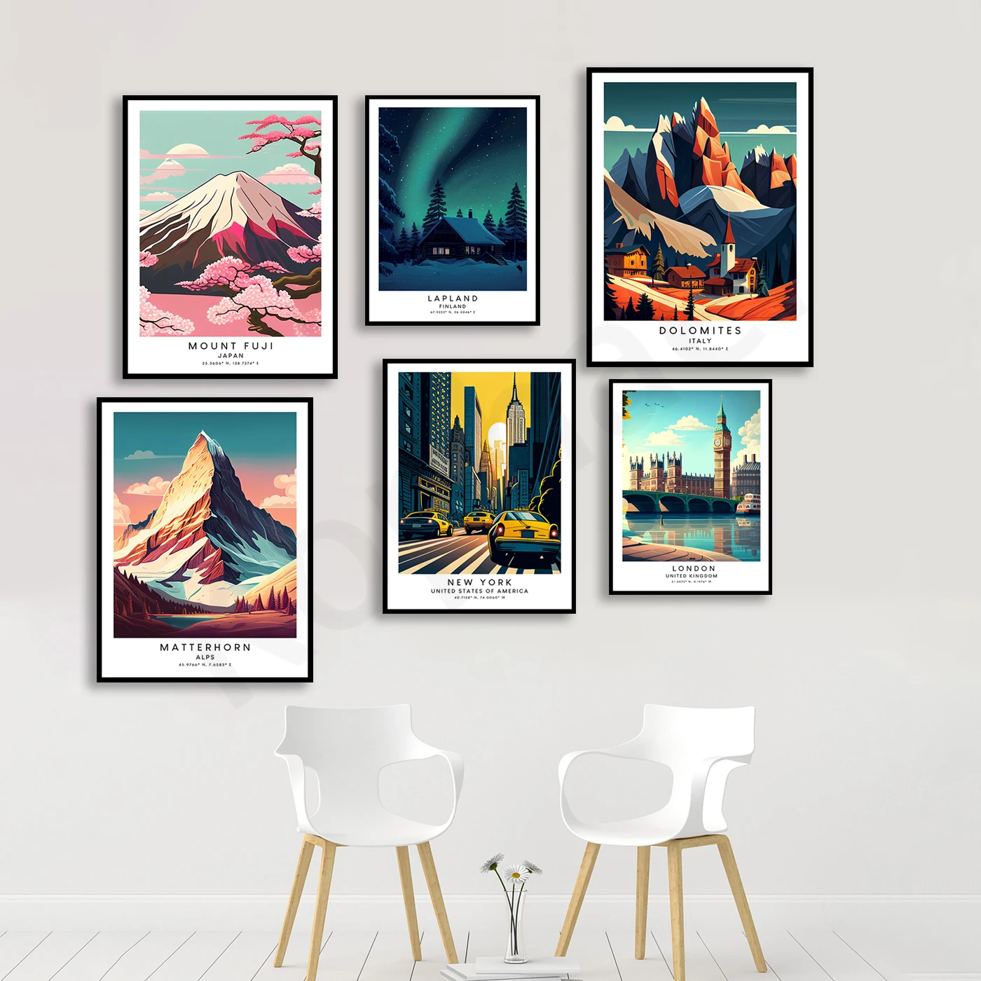 Amsterdam London New York Zermatt Matterhorn Lapland Ben Nevis Dolomites Gunung Fuji. Poster Pemandangan Perjalanan Kota