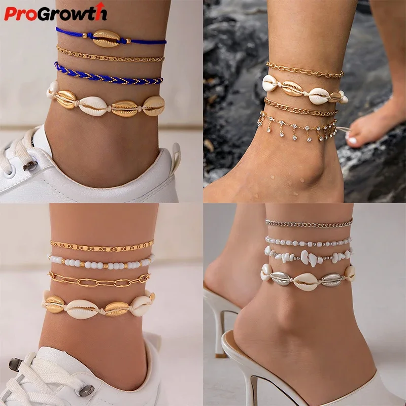 4-piece White Small Gravel Multi-layer Foot Chains Set Summer Beach Shell Bead Woven Cuban Chain Anklet Body Chain Charm Jewelry