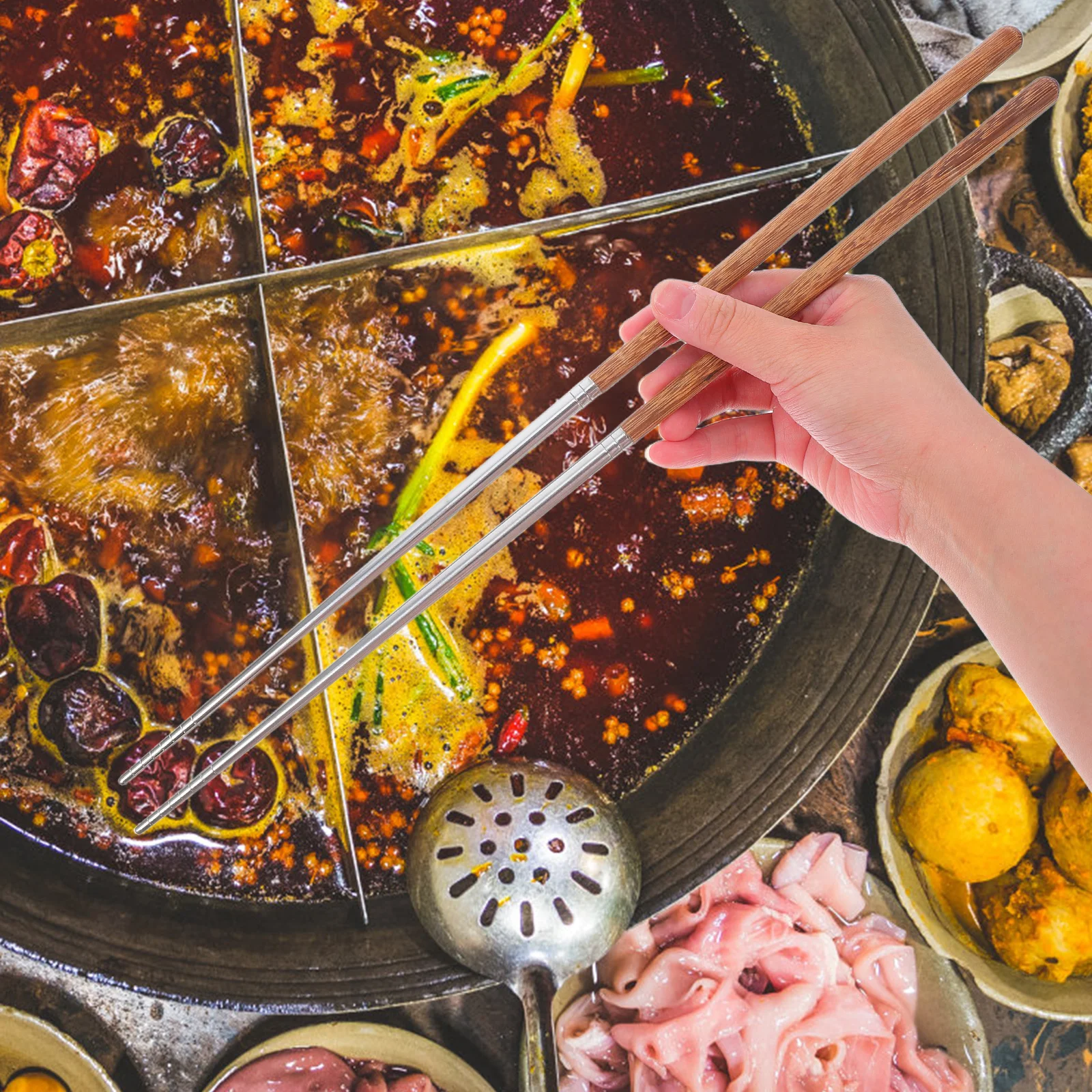 

1 Pair Extra Wing Wood Frying Chopsticks Stainless Steel Wooden Handle For Hot Pot Noodles Cooking Kitchen Tools