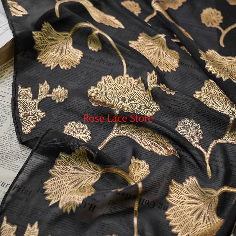 

Gold flower embroidered chiffon fabric Purple floral jacquard soft chiffon tulle for Wedding Dress, Dance Costumes, Prom Gown