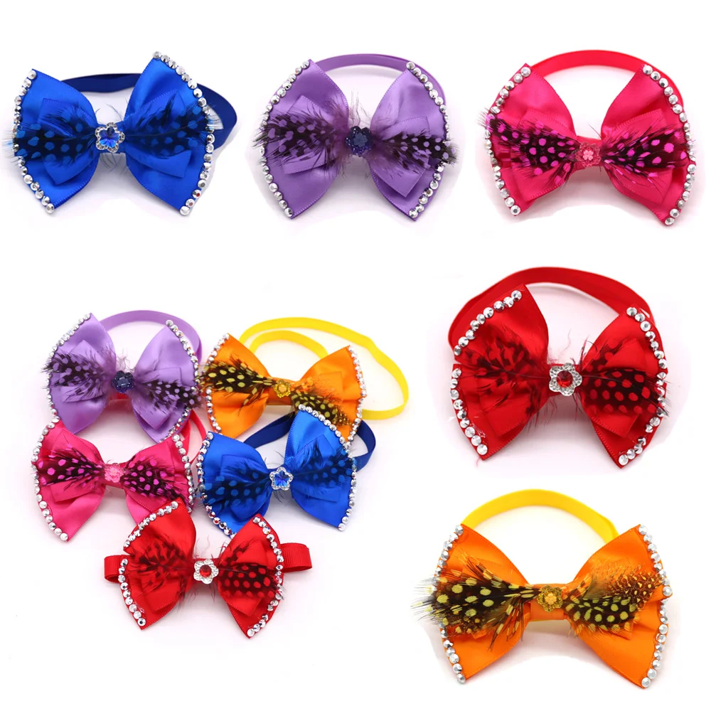 

60X Pet Puppy Dog Cat Bow Ties Adjustable Feather&Rhinestone Bowknot Bowties Dog Accessories Pet Supplies Fit for Holiday Party