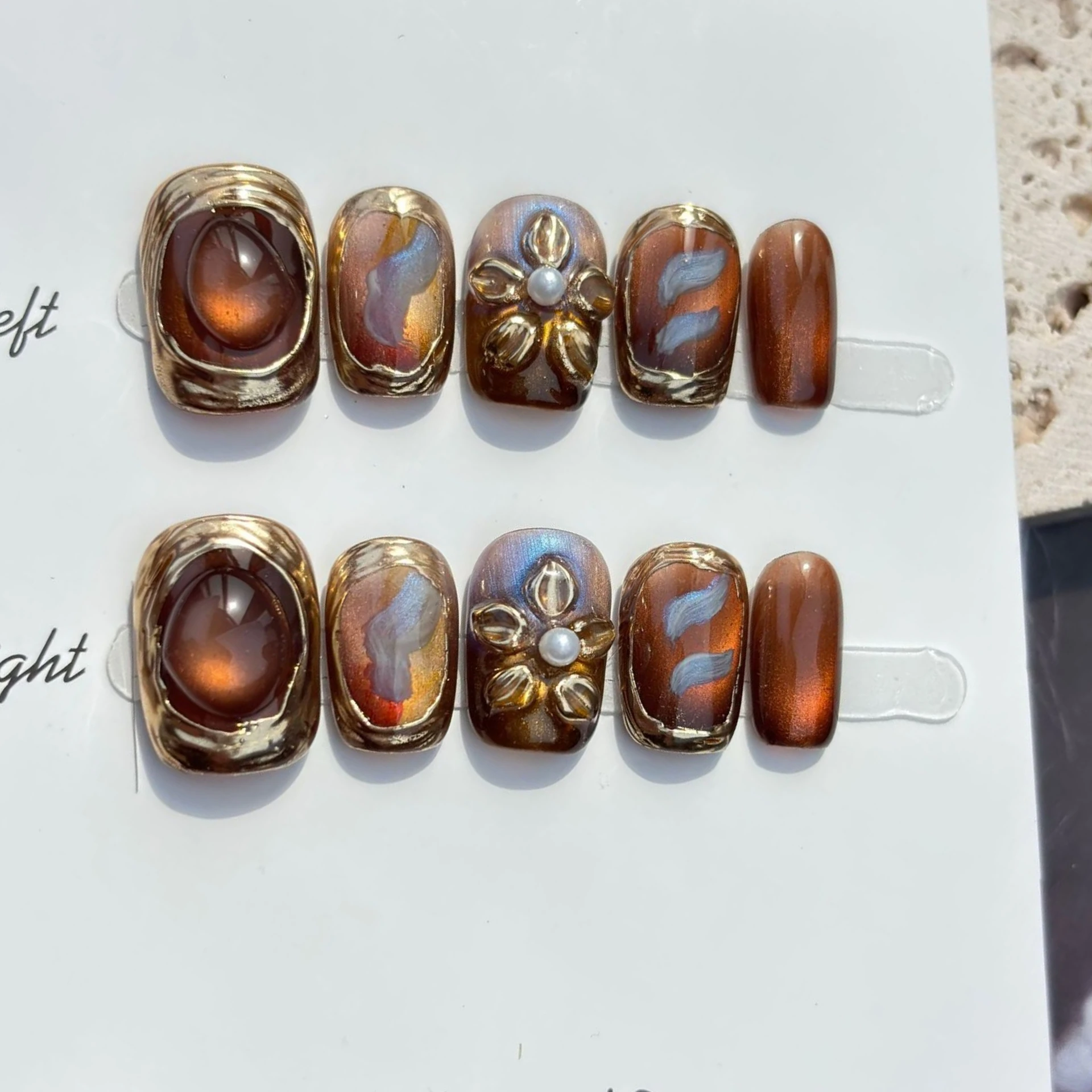 

10Pcs 3D Flower Handmade Press on Nails Short Square Fake Nails Brown Wearable Stick-on Nails False Nail Накладные Ногти 네일팁