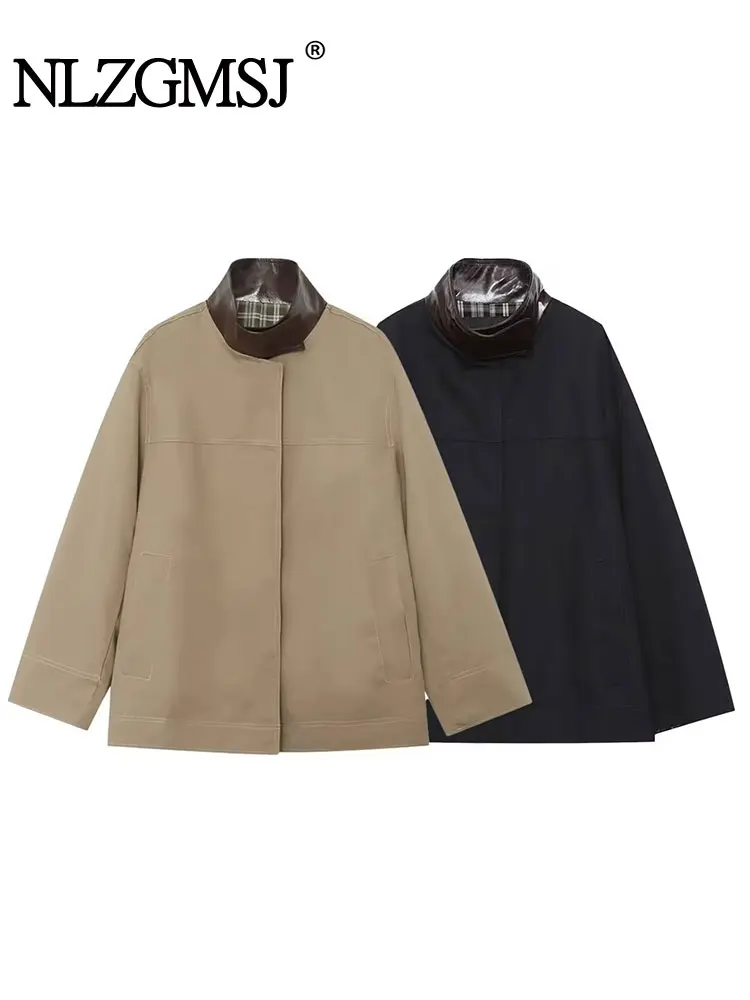 Nlzgmsj Autumn Women Casual Splicing Stand Collar  Jacket Women Outerwear Fashion Street Coats