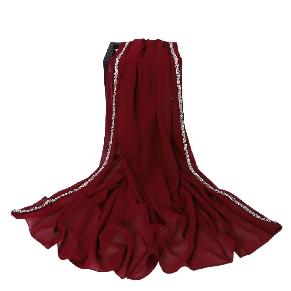 

Fashion Solid Color Ethnic Style Scarf Rhinestones Brim Long Islamic Turban Bandana Sparkling Wraps Shawl Women