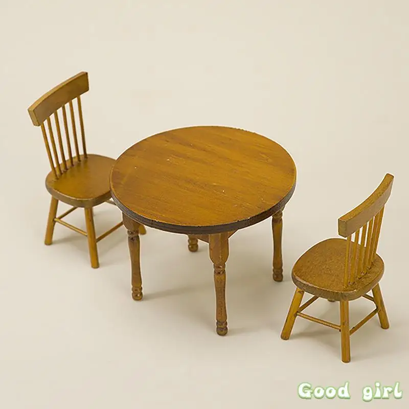 1Set Mini Round Table And Chair Set 1:12 Dollhouse Miniature Wooden Furniture Toy Model For Doll House Decoration Children Gift