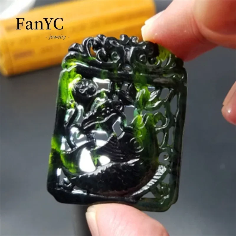 Natural Ink Jade Unicorn Dragon Pendant Hollow Carving Medicine King Stone Pixiu Necklace Fashion Charm Men and Women Jewelry