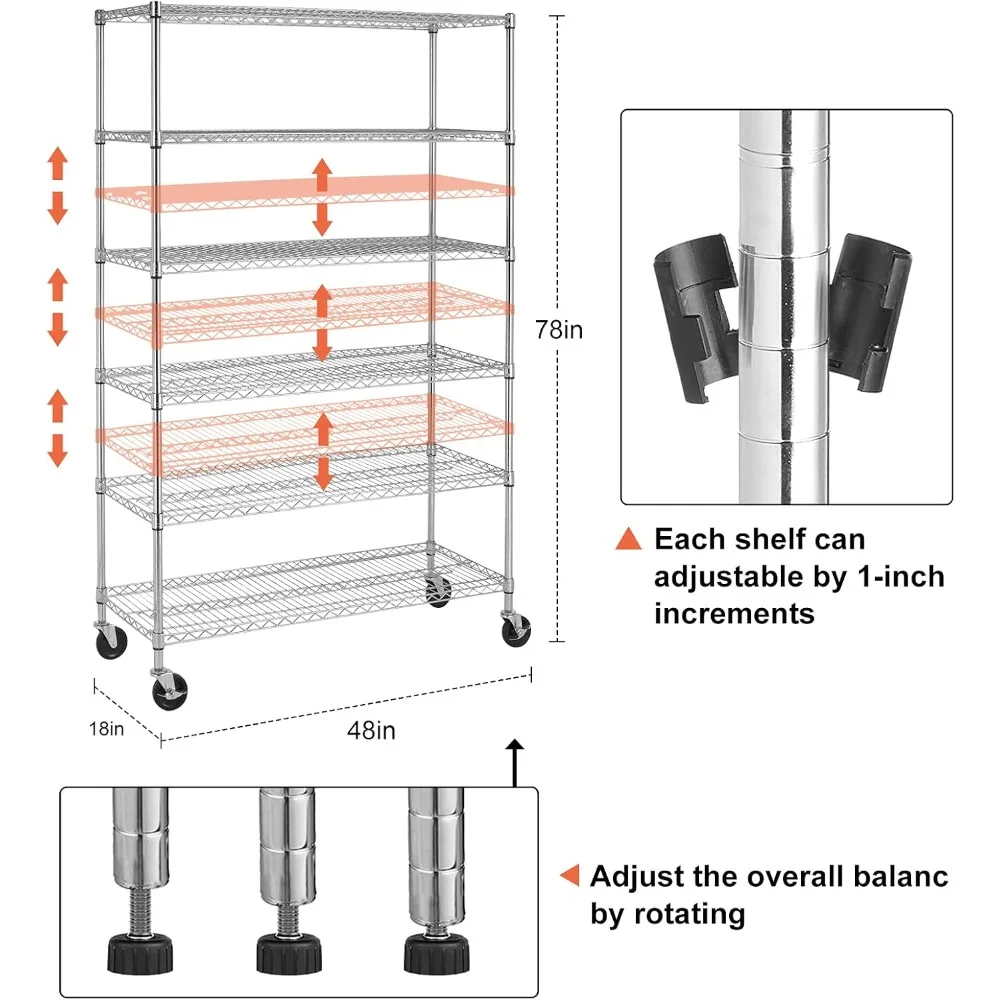 Heavy Duty 6 Tier Shelving Unit Adjustable 6000 lb Capacity Steel Storage Rack Rolling Utility Car, Chrome Plated