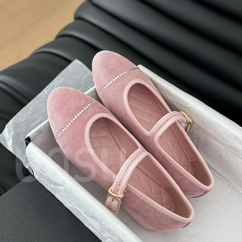 2024 New Designer Women Flats Luxury Crystal Corduroy Mary Jane Ladies Shoes Sheepskin Over Mouth Ballet Dress Shoes Banquet