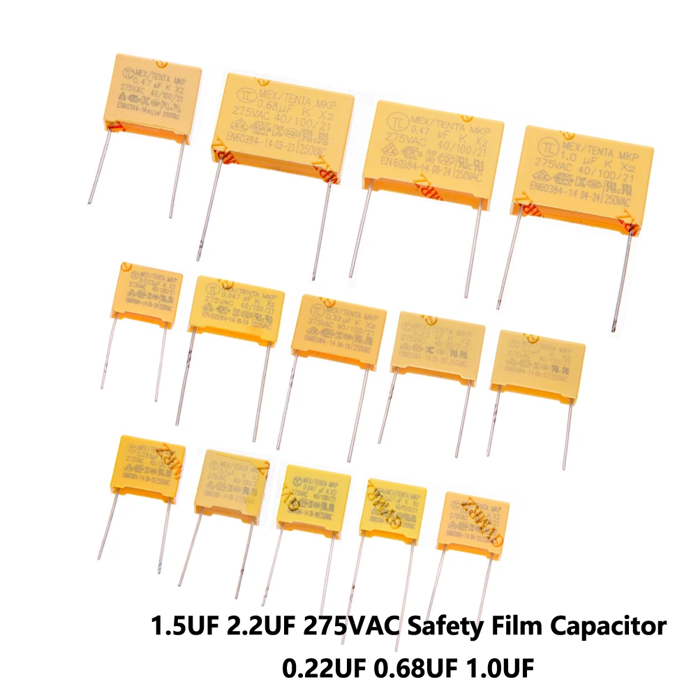 1,5 UF 2,2 UF 275 VAC Sicherheits-Folienkondensator, verschiedene Werte 0,001 uF–2,2 uF, mehrfacher Anschlussabstand für Elektronik, 0,22 UF 0,68 UF 1,0 UF