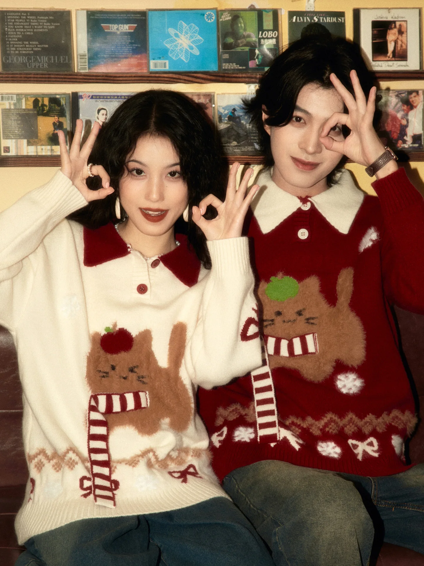 Autumn Winter New Retro College Style Men's Christmas Cat Embroidered Apricot Sweater Couple Red Casual Cute Knitted Sweater