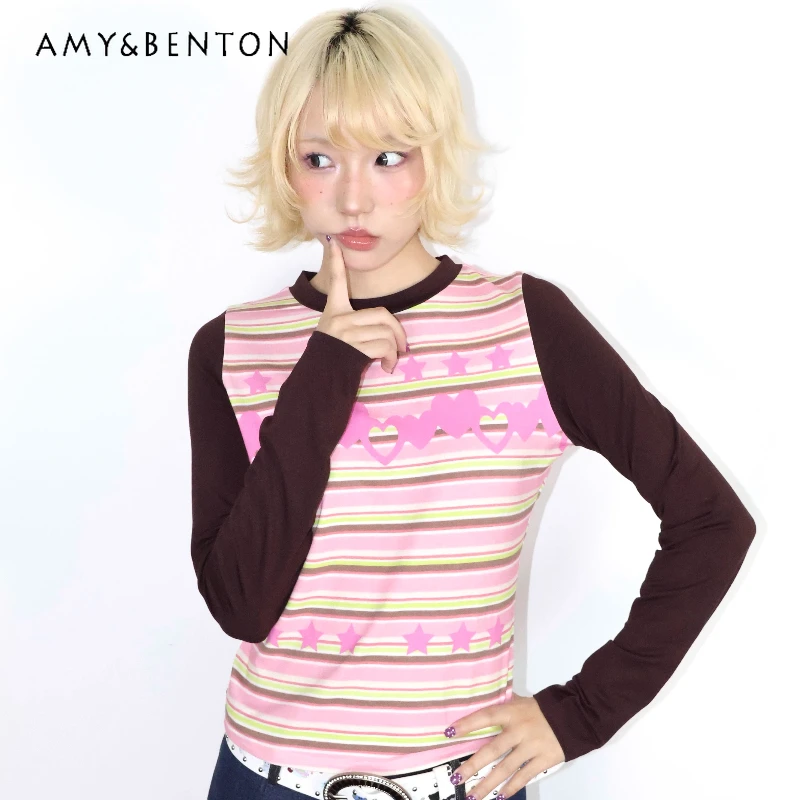 

Pink Printed Striped Coffee Color Splicing Sleeve Women's Bottoming Shirt Autumn Winter New Versatile Elastic T-Shirt Ladies