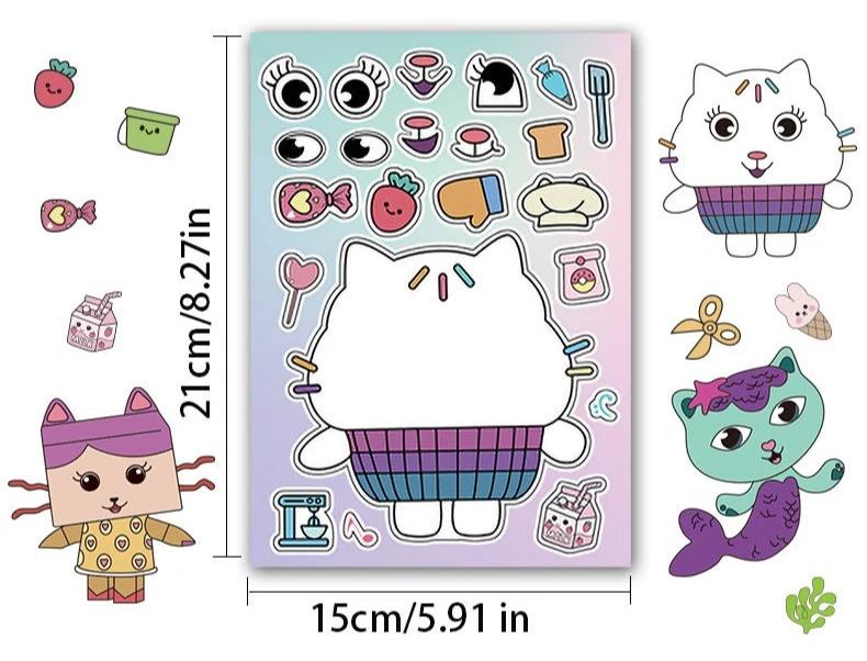 สติกเกอร์ตัวต่อหน้าตุ๊กตา Gabby's Dollhouse 6 แผ่น ของเล่นเด็ก สร้างสรรค์เกม DIY ของคุณเอง การ์ตูนจิ๊กซอว์ ของเล่นเสริมพัฒนาการ ของขวัญ